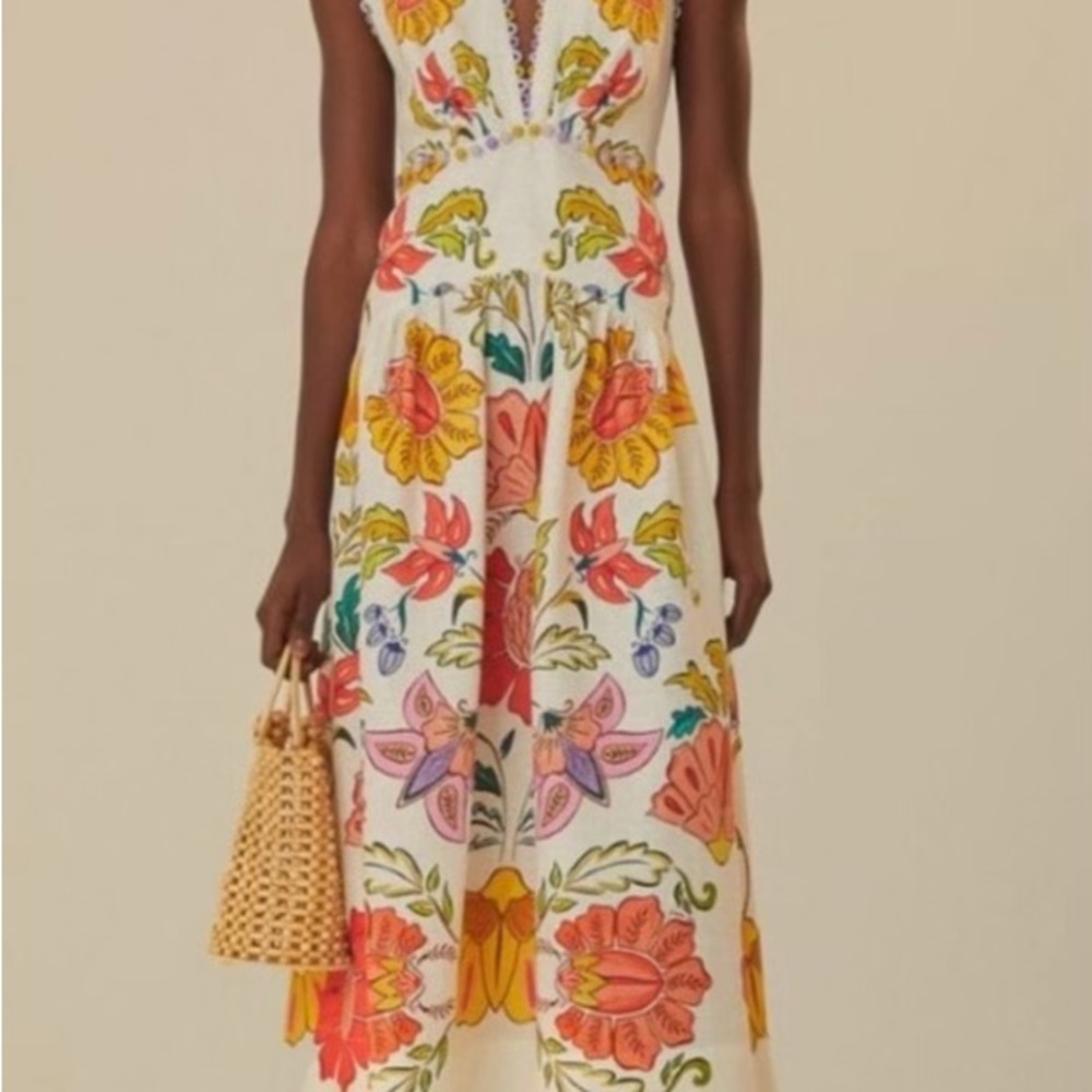 FARM Rio Orange Yellow Plunge Sundress Maxi